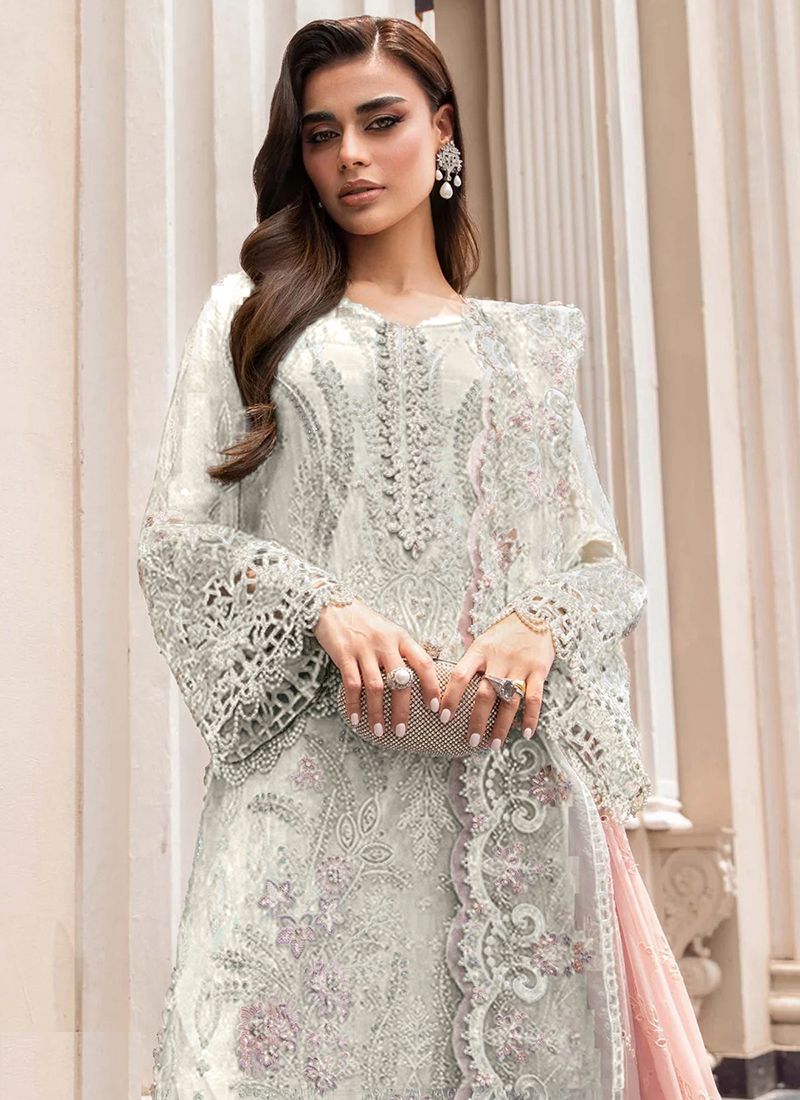 Buy Off White Organza Embroidery Work Party Wear Pakistani Salwar Kameez Online From Surat Wholesale Shop